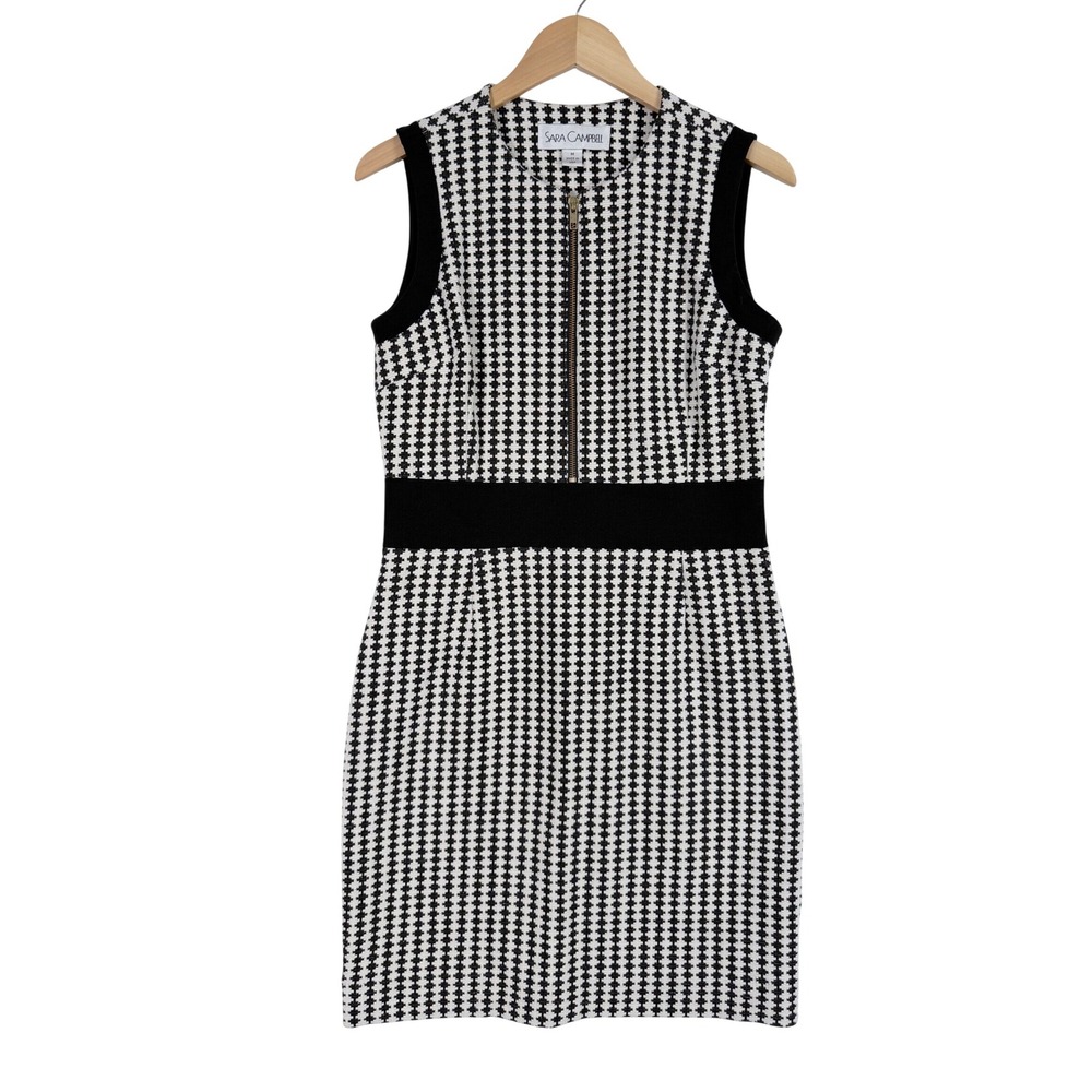 Sara Campbell Sheath Dress Womens Medium Black White Houndstooth Zip Front